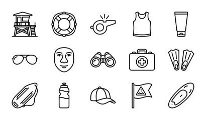 Lifeguard Equipment Icons, Safety Gear Vector Set, Beach Rescue Symbols, Summer Pool Essentials © Atik