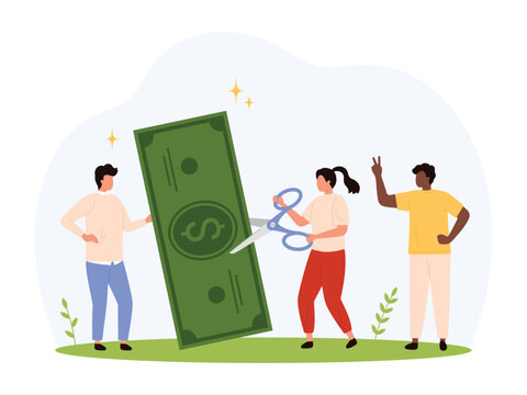 Group of diverse people cutting large dollar bill with scissors, symbolizing financial sharing, teamwork, and budget division in modern flat style isolated vector illustration