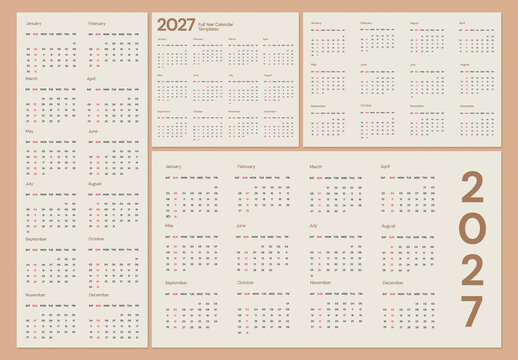 2027 Calendar Templates - Full Year Modern Clean Minimalist Design Layout Template