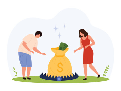 Man and woman attracted to a large money bag set inside a bear trap symbolizing financial scam, risk, and danger in investment isolated vector illustration