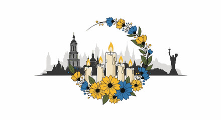 Fototapeta premium Lit candles and floral wreath in front of cityscape silhouette