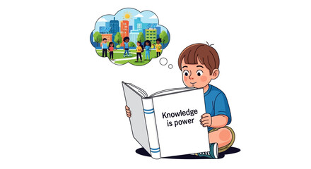 Fototapeta na wymiar boy reading book with knowledge is power text and cityscape thought bubble