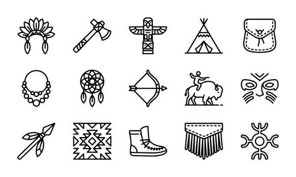 Native American Icons Vector Set, Tribal Symbols, Indigenous Culture Elements, Traditional Art Graphics