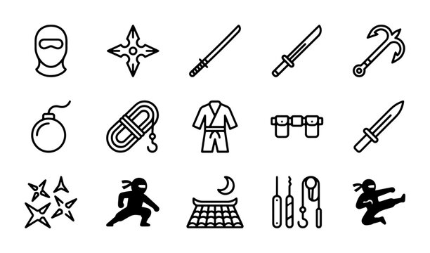 Ninja Warrior Icons, Martial Arts Symbols, Samurai Weapons, Stealth Gear, Combat Kit Vector Set