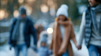 Fototapeta premium Defocused camera tracks along faces of faceless family having fun on winter walk in countryside, soft focus family moment, snowy setting, blurred movement, slow motion, with copy