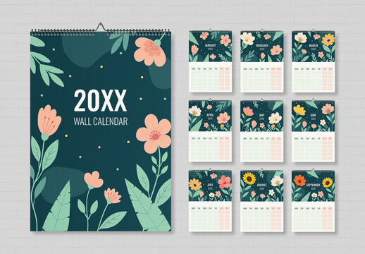Minimal Floral Wall Calendar Template with Botanical 12-Month Illustration