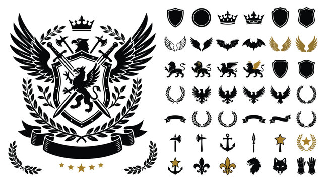 Heraldic crest design elements, medieval shield and griffin coat of arms, vintage royal emblem set with wings and swords vector