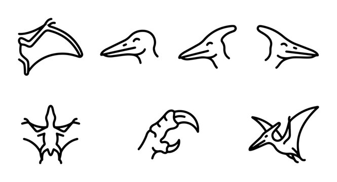 Dinosaur Icons Set, Pterodactyl Vector Graphics, Prehistoric Creature Line Art Collection
