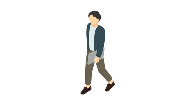 アイソメトリックイラストアニメーション：パソコンを持って歩く男性
