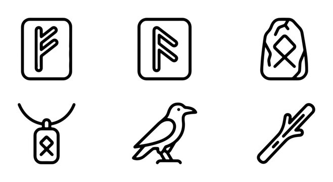Norse Runes, Viking Symbols, Ancient Alphabet Icons, Mystical Nordic Icons, Raven, Stone