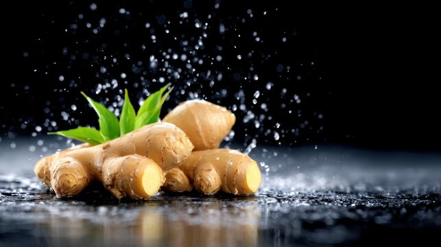 Fresh ginger roots with green leaves, glistening in water droplets against a dark background