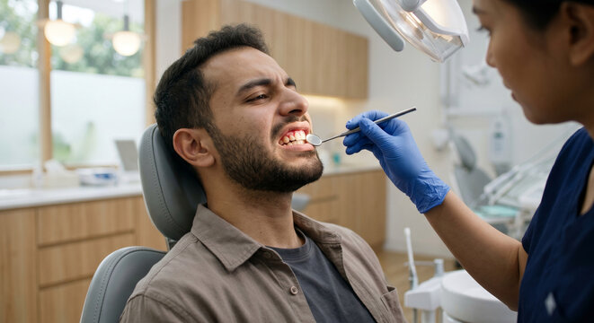 Dentist examining male patient experiencing dental pain in clinic