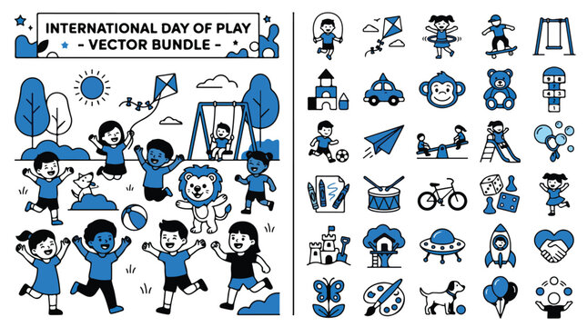 International Day of Play vector bundle, blue and white children playing icons, flat line art kids activities and toys collection