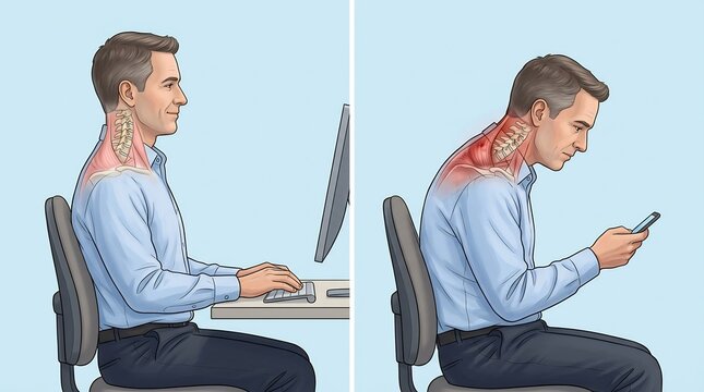Comparison of correct and incorrect sitting posture for office workers showing neck and spinal alignment with anatomical cutaways
