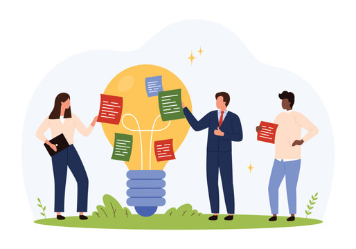 Business people discussing strategy, planning solutions, exchanging ideas, and teamwork around a giant light bulb symbolizing innovation and cooperation isolated vector illustration