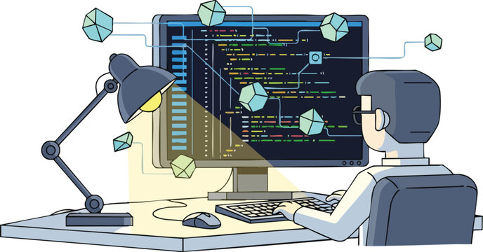 Software Engineer Working at Modern Desk With Computer Code and Digital Connection Nodes on White Background