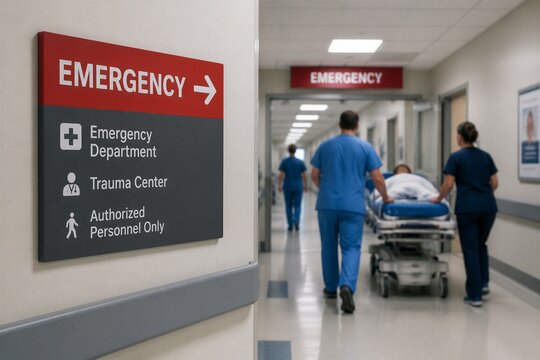 Medical staff transporting patient on stretcher through emergency corridor