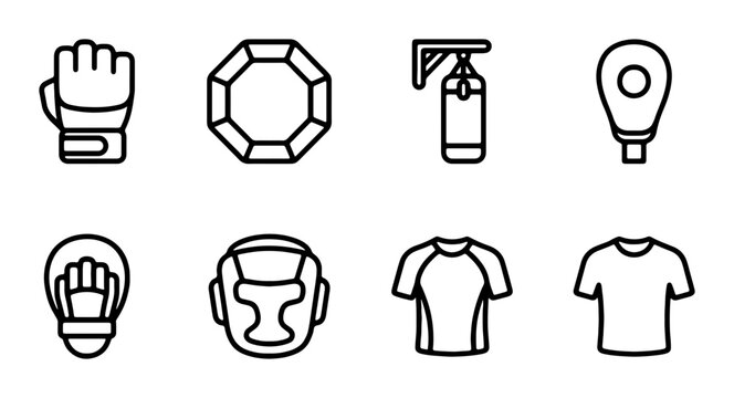 Martial Arts & Combat Sports Icons: MMA Gloves, Boxing Ring, Punching Bag, Headgear, Focus Mitts, T-shirts