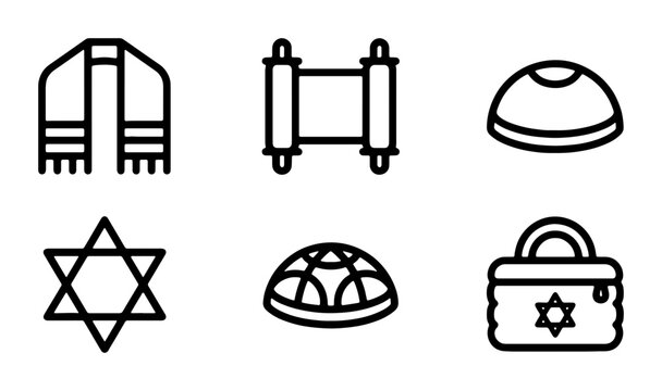 Jewish Symbols Icons Set, Star of David, Torah Scroll, Kippah, Tallit, Bag, Religious Vector Graphics