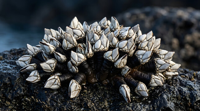 Gooseneck Barnacle Colony Attached to Coastal Rock Intertidal Marine Wildlife Macro