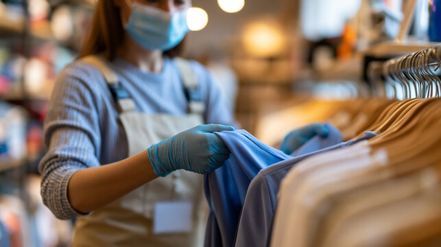 Faceless female retail employee restocking merchandise in independent clothing store, retail work, inventory management, store maintenance, with copy space