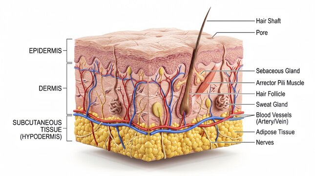 Labeled Human Skin Layer Cross-Section 3D Anatomical Diagram