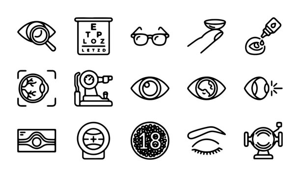 Ophthalmology Icons Set, Eye Care Vector Graphics, Vision Health Symbols, Optometry Equipment Line Art
