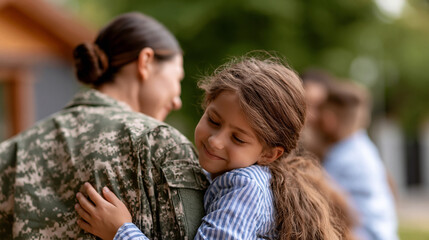 Fototapeta premium Faceless American soldier in uniform returning home on leave to family greeted by two children, family greeting, emotional arrival, homecoming moment, with copy space