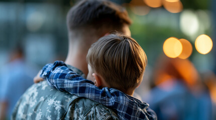 Fototapeta premium Faceless American soldier in uniform returning home on leave to family carrying son in arms, paternal bonding, arrival moment, military homecoming, with copy space