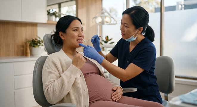 Dentist examining teeth of pregnant patient in dental clinic
