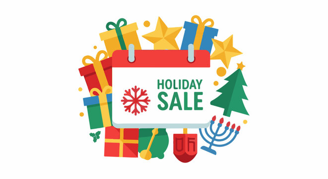 Festive holiday sale graphic with gifts, stars, tree, and menorah