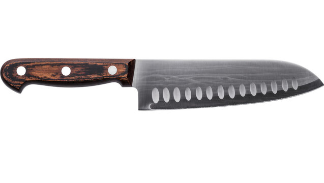 Santoku kitchen knife with wooden handle and dimpled blade