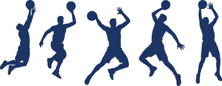 Basketball players jumping with balls set