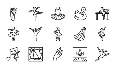 Ballet Icons Set: Elegant Dancer Poses, Tutu, Swan, Pointe Shoes, Stage Elements © Naimur