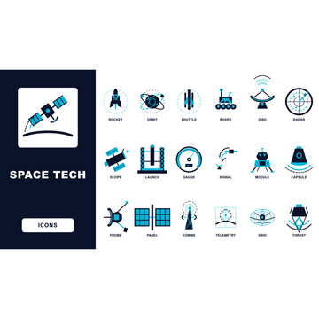 Space tech icons set including rocket satellite shuttle rover radar launch gauge signal module capsule probe panel comms telemetry grid thrust