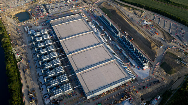 Aerial view of the Charleroi SAM 3A data center facility with cooling units and electrical infrastructure under construction Farciennes, Region wallonne, Belgium.