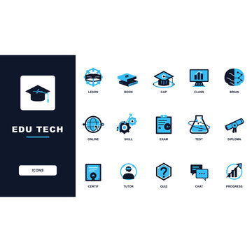 Edu tech icons set with graduation cap book online learning skill and education symbols in blue and white colors for e learning education and technology concepts