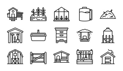 Farm Icons Set, Agriculture Buildings & Tools, Rural Life Vector Graphics © Naimur
