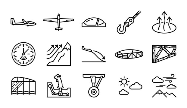 Aviation Icons Set: Aircraft, Instruments, Weather, and Airport Elements Vector Graphics