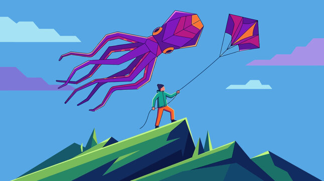 illustration of person flying giant purple squid kite on mountain