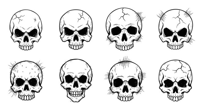 Mega set of varied vector designs of punk doodle hand drawn skulls. Grunge graffiti style with primitive charcoal texture and rough pencil scribbles. Different skull shapes, cracked skull textures.