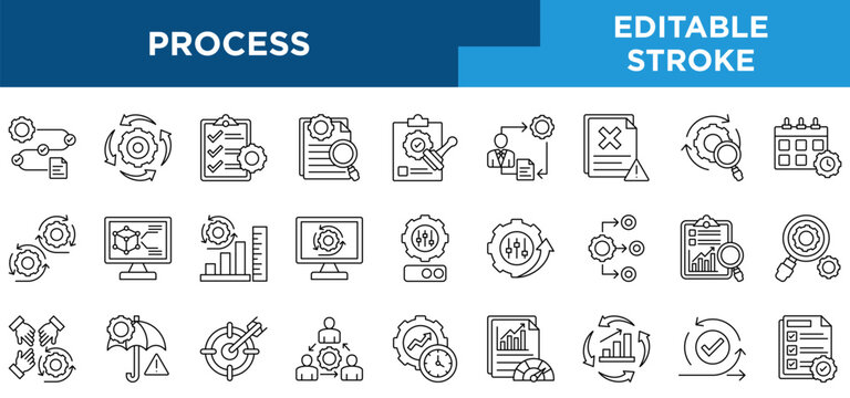 Process line icons set with  tasks, review, approve, reject, process analysis, automation, simulation,  concepts. Editable stroke vector collection.	