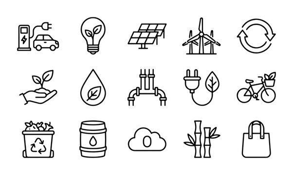 Eco-friendly Icons Set: Renewable Energy, Sustainability, Green Technology Vector Graphics