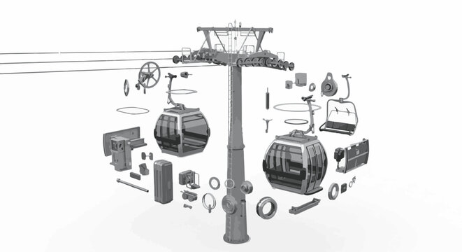 Exploded view of a ski lift and cable car system components