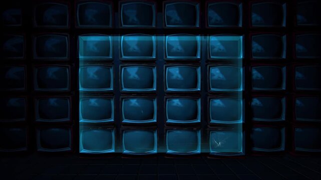 Grid of glowing blue monitors displaying data in dark room