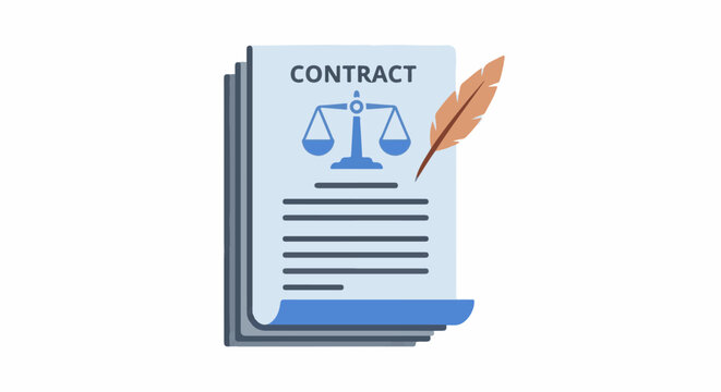 Document with scales of justice, quill pen, and text reading "CONTRACT