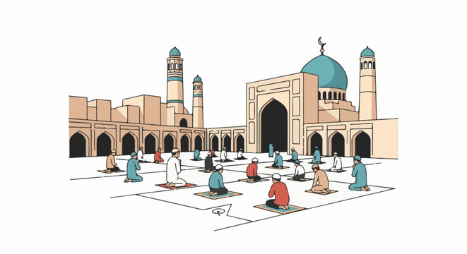 People praying on mats in an open courtyard with a mosque in the background