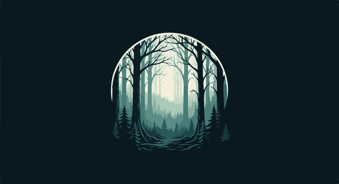 Pixel art forest scene with a path and bare trees within a moon-shaped frame