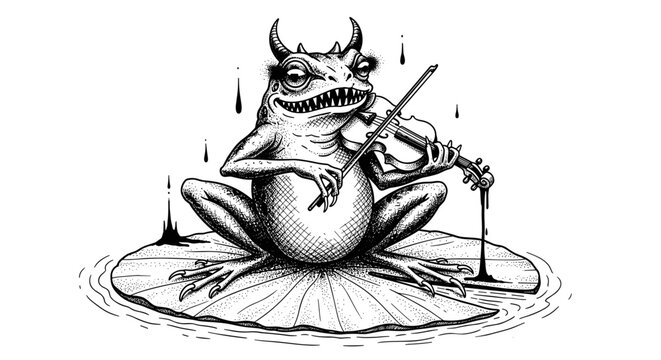 Demon Frog Playing Violin on Lily Pad.