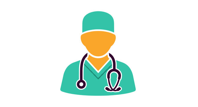 Doctor wearing scrubs and stethoscope medical professional icon.